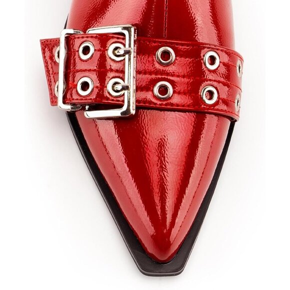 🆕Women Red Ankle Wide Buckle Boots Pointed Toe Low Heel Boot Pull Fashion Boots - Picture 6 of 8